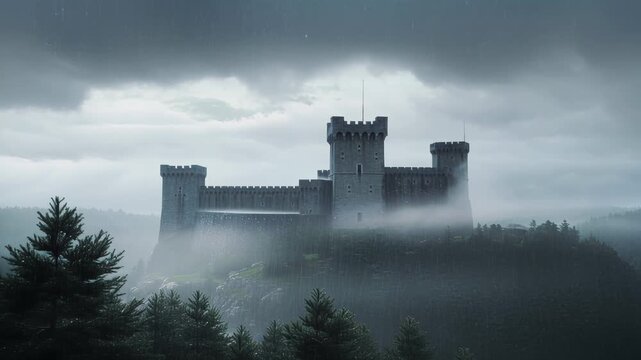Medieval castle on a misty mountain during a rainstorm. Seamless looping 4k video background