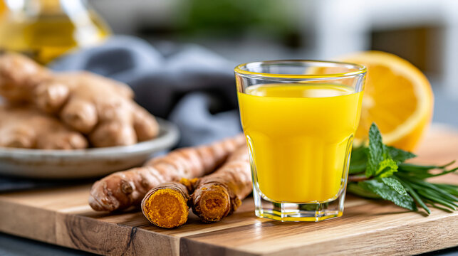 Close-up of a small glass with a ginger turmeric wellness shot beside fresh ingredients, herbal remedy concept, immunity boost drink, natural health ingredient, defocused