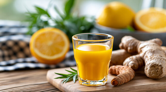 Close-up of a small glass with a ginger turmeric wellness shot beside fresh ingredients, herbal remedy concept, immunity boost drink, natural health ingredient, defocused