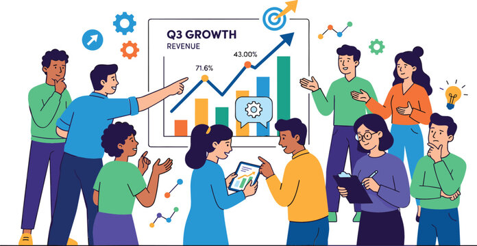 Diverse business team analyzing quarterly revenue growth chart and financial data in a modern flat vector illustration scene.