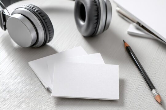 Blank flashcards with pencil and headphones on white tabletop