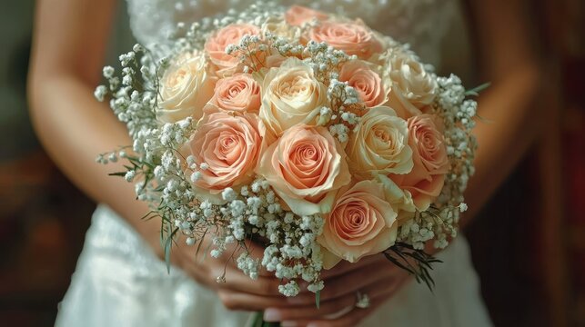 Close-up of bride holding a bouquet of peach and cream roses with baby's breath, hands and wedding dress visible, soft romantic and tender mood