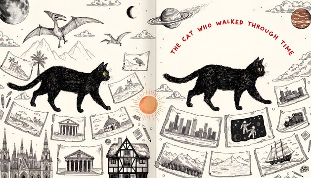 Black cat walking through vintage travel map and time-themed illustrations