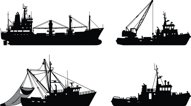 Silhouettes of industrial maritime vessels including a cargo ship crane boat commercial fishing trawler and tugboat isolated on white