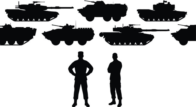 Silhouettes of military soldiers standing with armored tanks and infantry fighting vehicles set against a clean white background