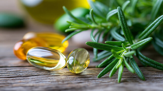 Close-up of alternative medicine capsules with vitamin E, omega 3 and mineral herbs together, natural supplement concept, holistic health photography, herbal wellness still life,