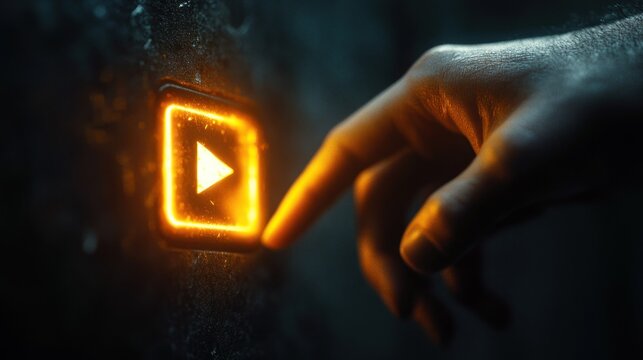 close-up of a hand and index finger reaching to touch a glowing orange play icon on a textured dark wall, moody anticipation and activation