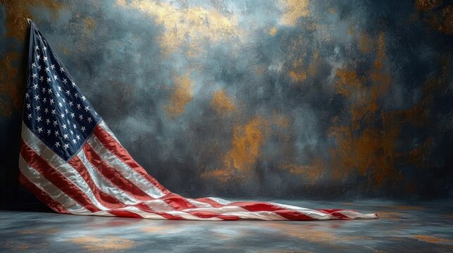 american flag draped across a reflective floor in front of a weathered blue-gray and gold textured wall, evoking a solemn and contemplative mood