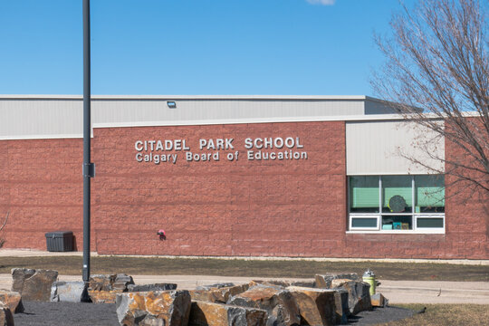 Calgary, Alberta, Canada. May 9, 2026. Exterior of Citadel Park School, a Calgary Board of Education facility, with red brick and windows.