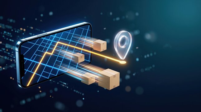 Smartphone with fast Parcel tracking and glowing route map on blue background, smart navigation, location intelligence