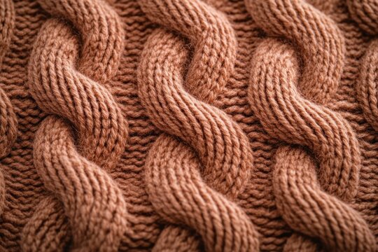 close-up of warm brown chunky cable knit sweater fabric with thick braided stitches evoking cozy comforting warmth