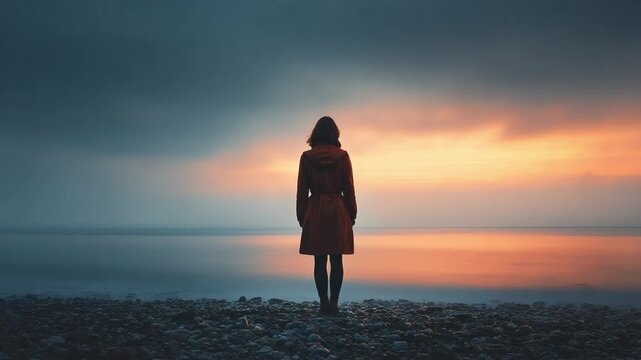 Solitary Contemplation: A lone figure stands gazing at a tranquil horizon during the sunset, reflecting on life's journey