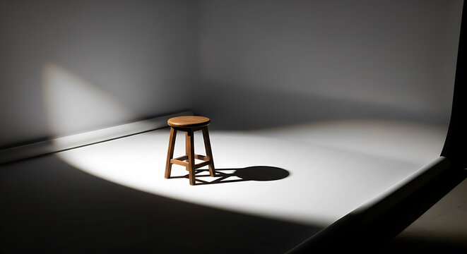 A single wooden stool sits in a spotlight on a gray floor.