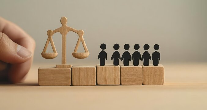 Hand placing wooden balance scale on stacked blocks beside a row of five black human silhouettes on blocks, conveying thoughtful fairness and measured equality