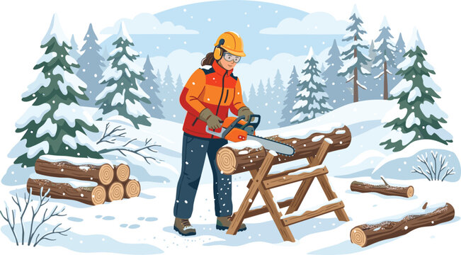 Female lumberjack wearing safety gear using a chainsaw to cut wooden logs in a snowy winter forest landscape.