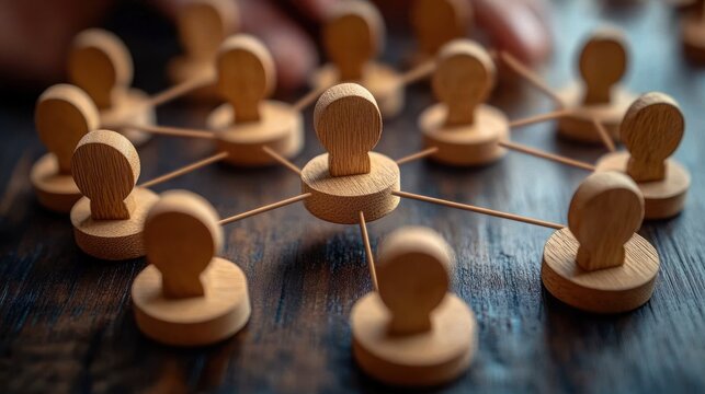 Wooden peg figures on round bases connected by thin rods on a dark wooden surface forming a network, conveying collaboration and connectedness