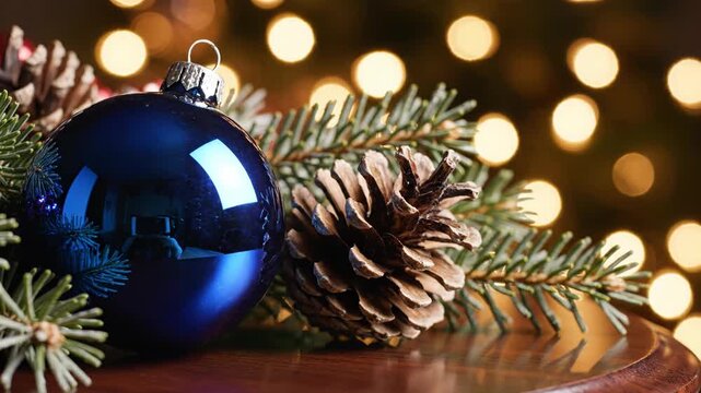 Close up of a shiny blue Christmas ornament and a pinecone sitting on a wooden table with pine branches against a warm background of golden bokeh holiday lights.
