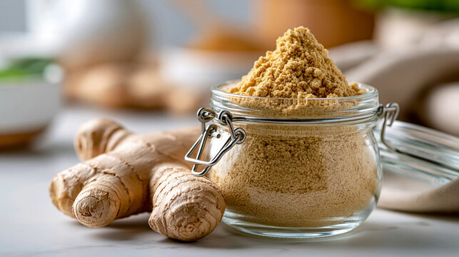 Close-up of powdered ginger in a clear glass jar with fresh ginger root beside it on white surface, healthy ingredient concept, natural spice medicine, herbal pantry detail,