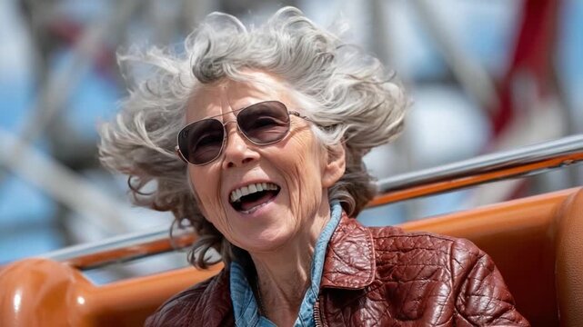 Joyful Ride: A spirited senior woman experiences the thrill of a roller coaster, showcasing her uninhibited joy and enthusiasm. 