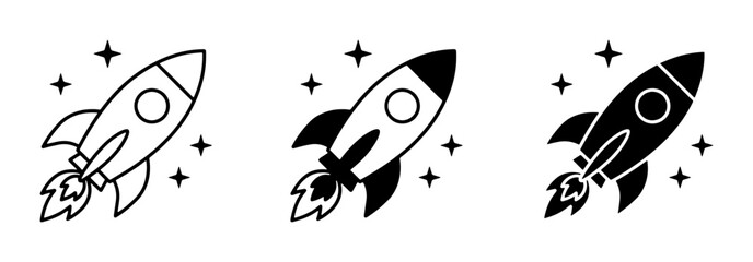 Rocket Ship Icons, Spacecraft Launch, Blast Off, Starry Sky, Vector Graphics Set © Mahbubur