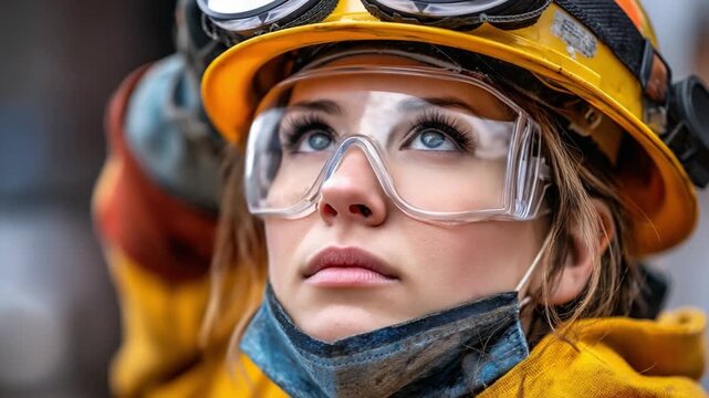Resilient Vision: A determined female worker gazes upward with unwavering focus, showcasing resilience, strength, and unwavering dedication to her profession.