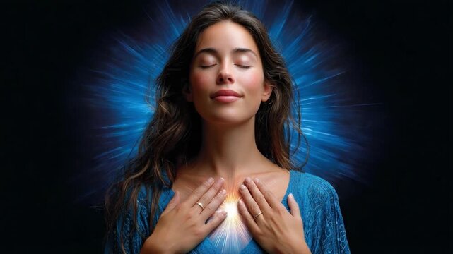 Serene Awakening: A woman radiates inner peace, her eyes closed, hands gently placed over her chest. Illuminated by an ethereal light, she embodies tranquility and mindfulness.