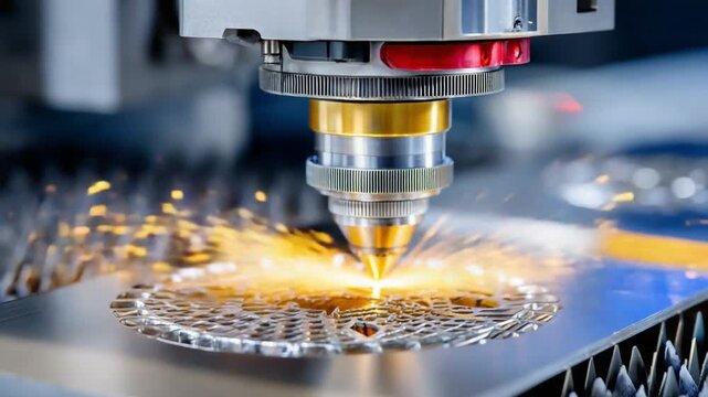Laser Cutting Precision: A close-up view captures the intense focus of a laser cutter in action, its powerful beam precisely etching intricate designs into a metallic surface.