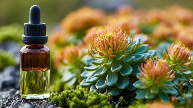 Close-up of a Rhodiola rosea liquid extract bottle in a vibrant natural setting, adaptogen supplement concept, natural energy remedy, herbal wellness product, defocused