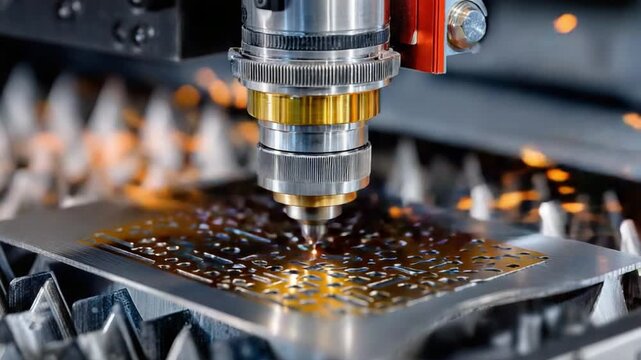 Precision Cutting: A high-tech laser precisely etches intricate designs onto a metal sheet, with sparks flying as the industrial process unfolds.