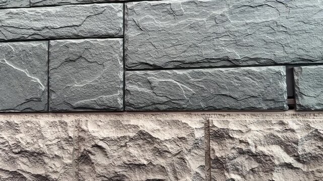 Close-up cottage facade panel natural stone, textured grey stacked blocks over rough beige basecourse, precise mortar joints