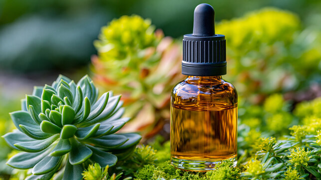Close-up of a Rhodiola rosea liquid extract bottle in a vibrant natural setting, adaptogen supplement concept, natural energy remedy, herbal wellness product, defocused