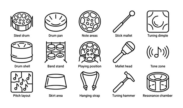 Steel Drum Icons, Musical Instrument Vector Set, Percussion Elements Collection