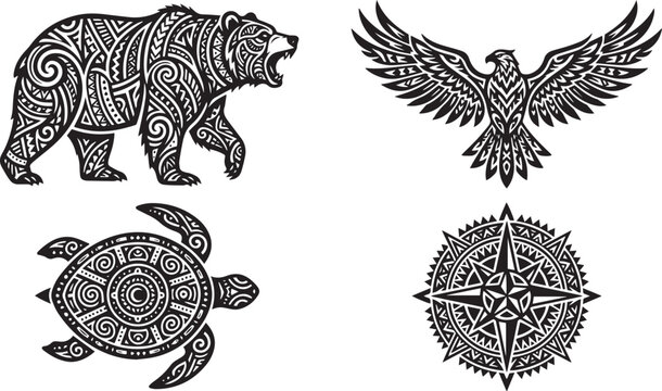Collection of four stylized black and white tribal style animal and compass graphics with line art stylized illustration monochrome wildlife direction detailed