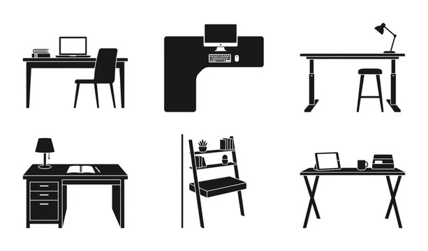 6 office desk silhouette icons set, solid black style, modern workspace furniture collection for productivity