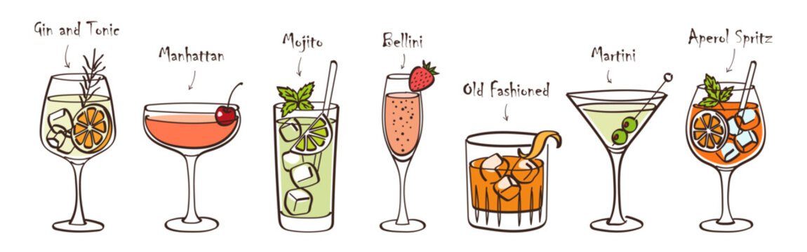 Colorful classic cocktails set - hand drawn bar drinks vector illustrations isolated on white background