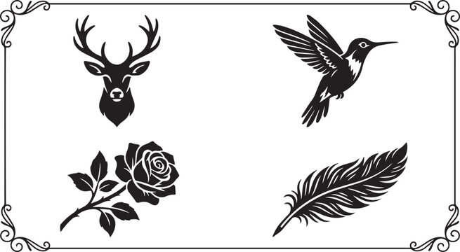 Set of four silhouette icons: deer head hummingbird rose feather with black and white background hummingbird wildlife botanical silhouette decorative