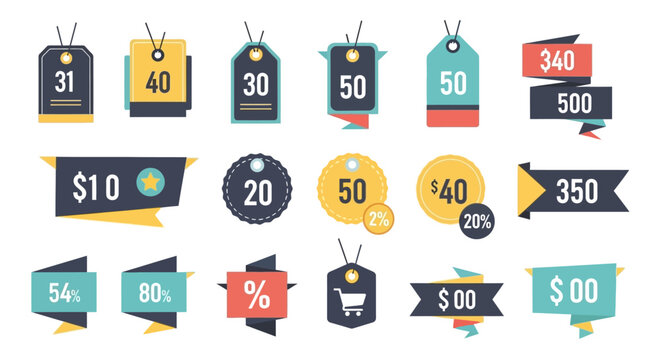 Collection of Colorful Price Tags and Sale Banners with Numbers and Percentages