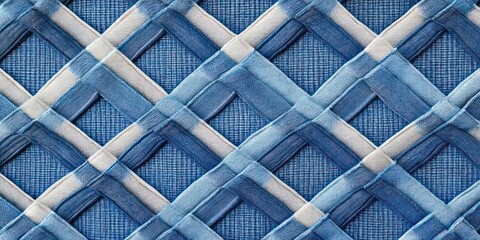 Fototapeta premium interlaced blue and white woven fabric lattice with soft textured diamond pattern conveying cozy calm