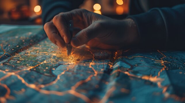 Hands drawing on map at night