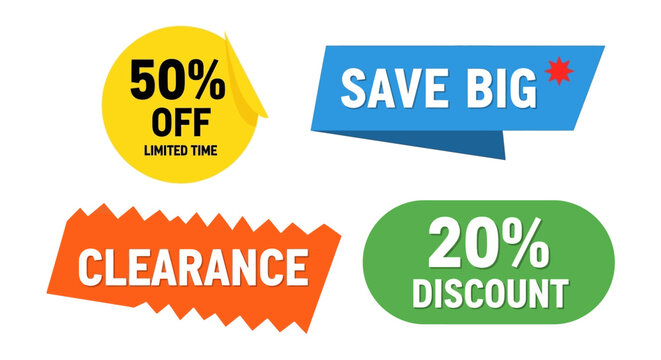 Collection of discount and sale tags: 50% off, save big, clearance, 20% discount