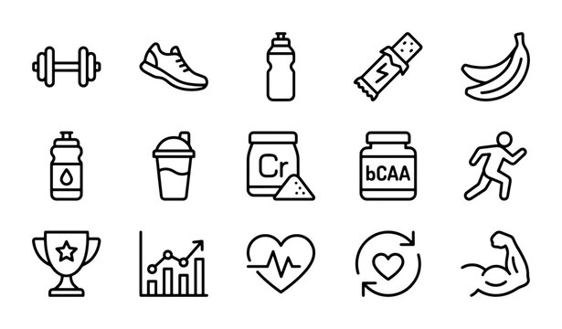 Fitness Icons Set, Workout Equipment, Nutrition Supplements, Healthy Lifestyle