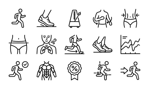 Fitness Icons Set: Running, Body Measurement, Muscles, Lungs, Progress Charts, 15 Vector Elements