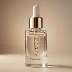 Naklejka premium Front-facing macro of a dropper filled with translucent serum, muted vintage color palette, smooth gradient background, retro luxury beauty aesthetic, ultra-clean composition.