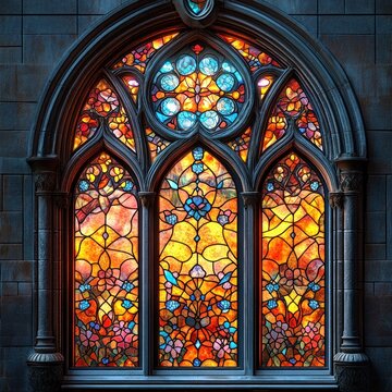 three-panel gothic stained glass window with rose tracery, floral patterns and glowing blue and amber light set in carved stone arch, evoking warm peaceful reverence