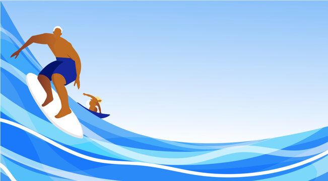 Modern surfing banner featuring abstract ocean waves and surfers in minimalist summer style. Dynamic beach lifestyle illustration for travel branding, sport campaigns, website headers, banners and soc