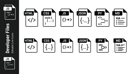 Editable developer file extension line art icon set for software and web programming including HTML, CSS, JS, JSON, PY, and MD. Black and white. © Ai