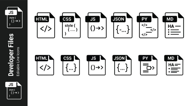 Editable developer file extension line art icon set for software and web programming including HTML, CSS, JS, JSON, PY, and MD. Black and white.