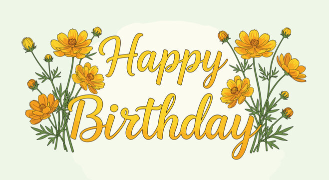 Cheerful happy birthday script font surrounded by clusters of yellow cosmos flowers on a light green pastel background.
