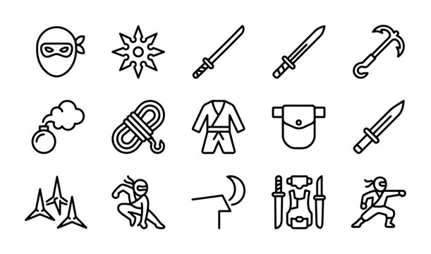 Ninja Warrior Icons, Martial Arts Symbols, Samurai Weapons, Stealth Combat Gear, Vector Set
