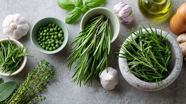 Overhead flat lay of neatly arranged aromatic herbs for natural inhalant remedies, herbal medicine collection concept, natural remedy display, aromatherapy herb photography, with
